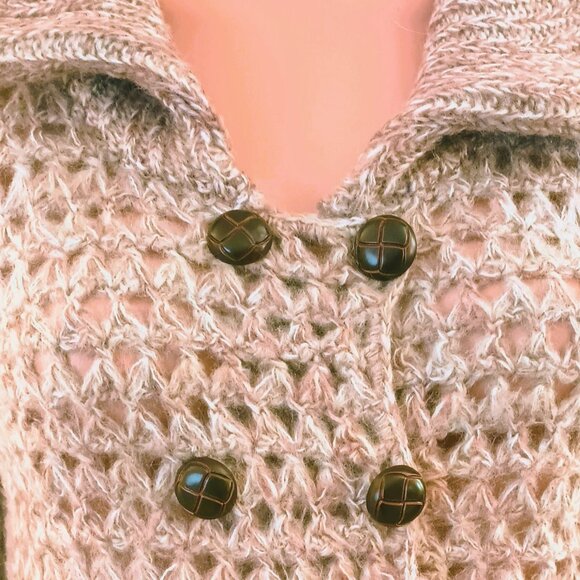 Tan Double Breast Cardigan Sweater L Collared Loose Knit Wool Blend 3/4 Sleeve - Picture 3 of 6